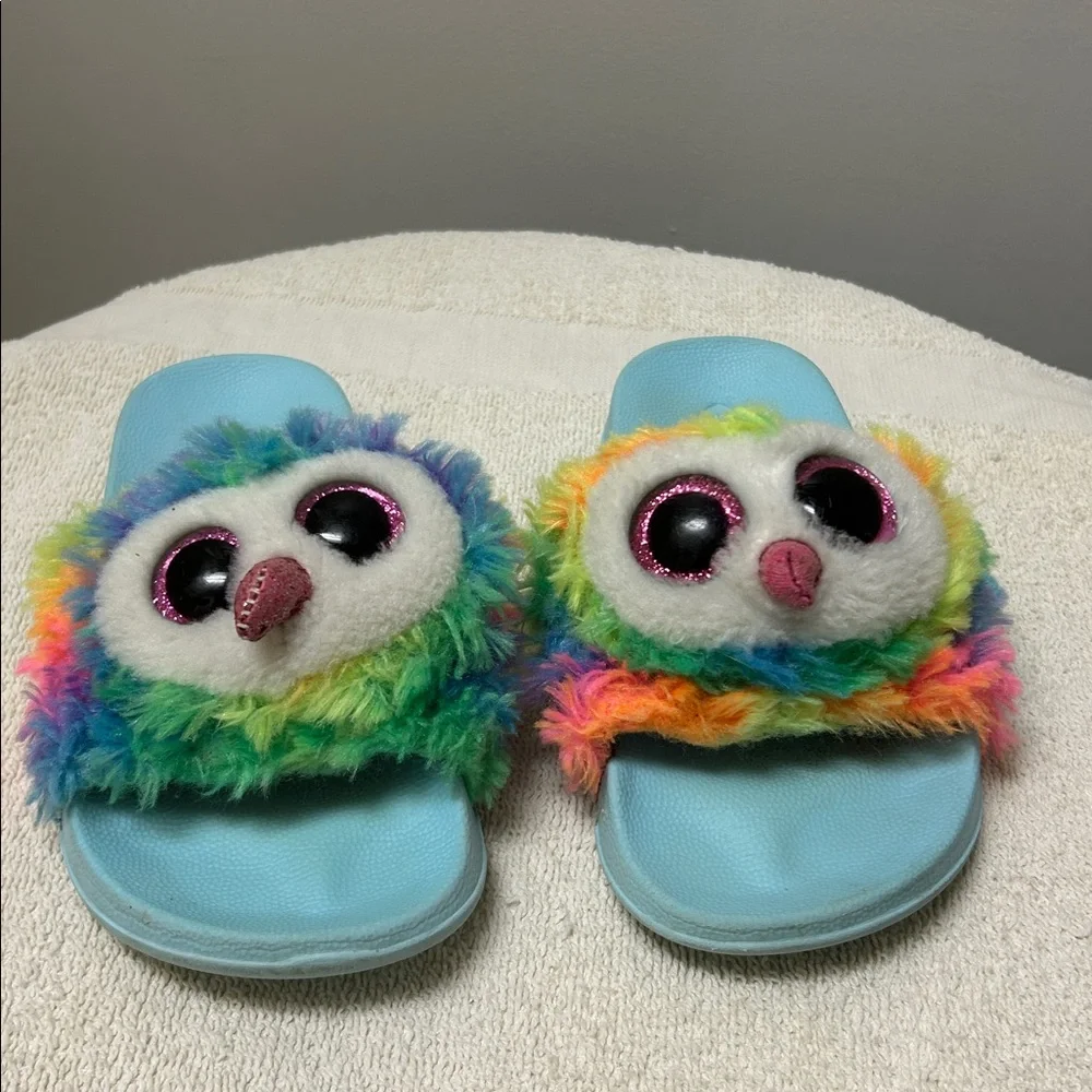 Ty Owl Owen plush colorful rainbow Kids slipOn plush Slide Sandals size 11-13